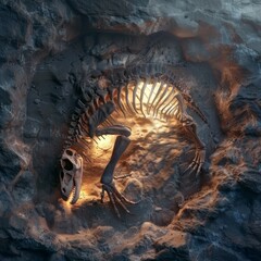 Surreal Apocalyptic Landscape with Glowing Skeletal Remains in Abandoned Cave