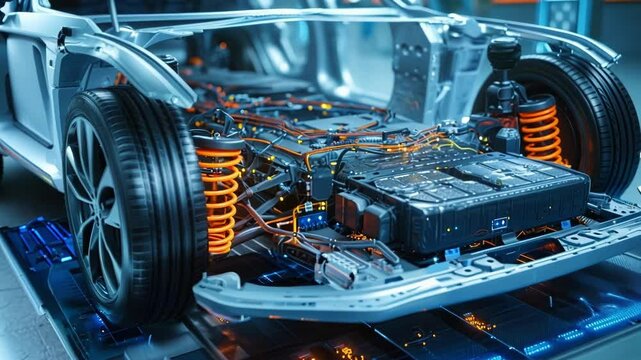 Modern electric car chassis with battery pack is being assembled on automated production line with robotic arms in a car factory