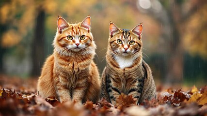 Two adorable cats sit amid colorful autumn leaves in a tranquil park during the fall season