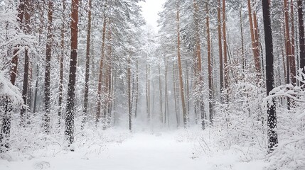 A serene winter forest blanketed in snow, creating a peaceful and tranquil atmosphere.