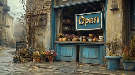 A charming rustic pottery shop with an inviting open sign, set in an old, weathered building with a blue door.
