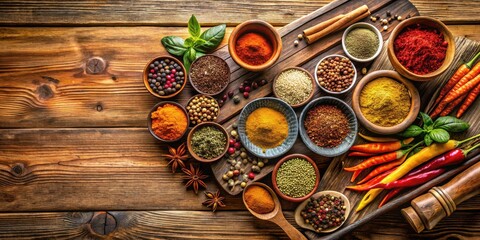 Assortment of various aromatic spices on rustic wooden cutting board for culinary cooking