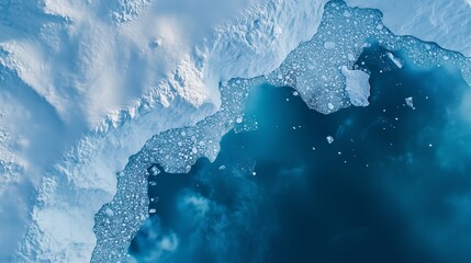 Aerial view of melting ice caps revealing dark blue ocean water in a remote polar region during mid-summer