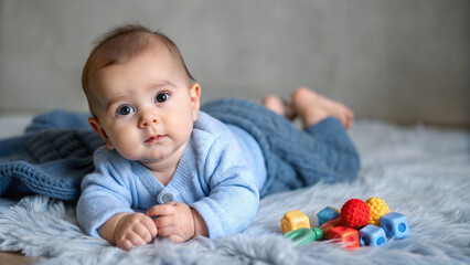 Baby playing with toys on a soft rug