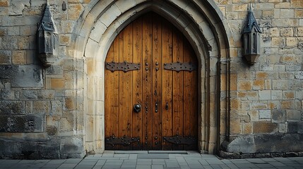 Fototapeta premium A large wooden door with intricate designs set in a stone wall.