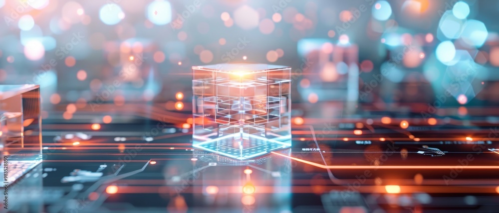 Poster the image showcases transparent cubes on a circuit-like background, highlighting concepts of technol