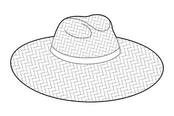 Wide-brim sunhat Hat with Ribbon. Summer Head Fashion accessory cap clothing technical illustration. Vector headgear for Men, women, unisex style, flat template CAD mockup sketch outline isolated