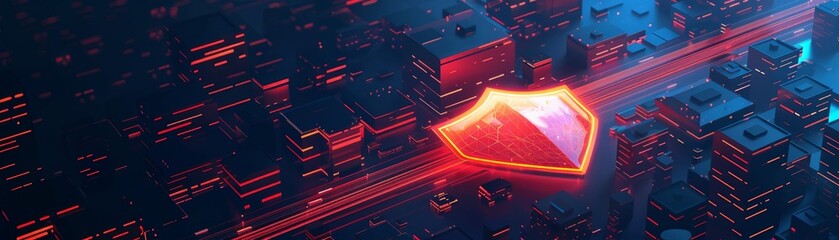 A vibrant, digital cityscape featuring a glowing shield symbolizing cybersecurity and protection amid a network of illuminated buildings.