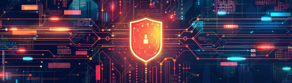 Poster a vibrant digital illustration featuring a shield symbolizing cybersecurity amidst a backdrop of cir