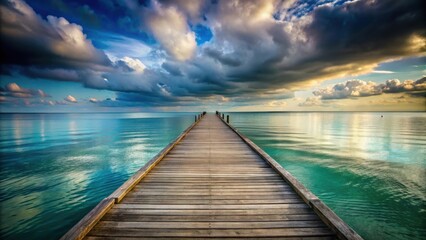 Fototapeta premium Weathered wooden pier overlooking serene sea under cloudy sky with no people