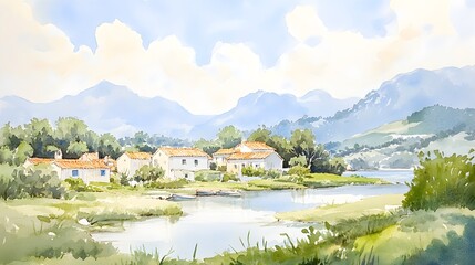 Fototapeta premium Artistic portrayal of a coastal village, vibrant homes, green hills, combining watercolor lightness with oil painting's vivid detail, serene and inviting