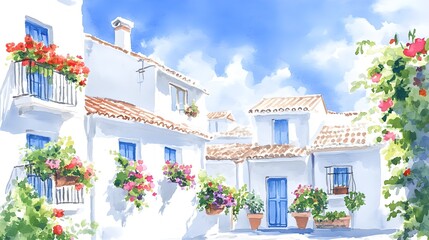 Picturesque Mediterranean village, white-blue facades, colorful floral displays in every window, watercolor technique with delicate, flowing colors