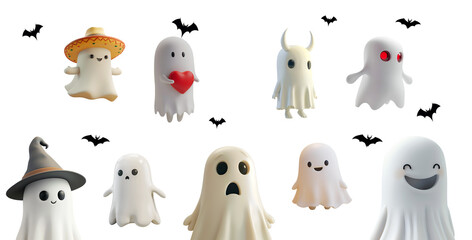 Collection set of Halloween ghosts with various expressions: happy, close-up, wearing a witch hat, in love, with horns, red eyes, cartoon character 3D illustration
