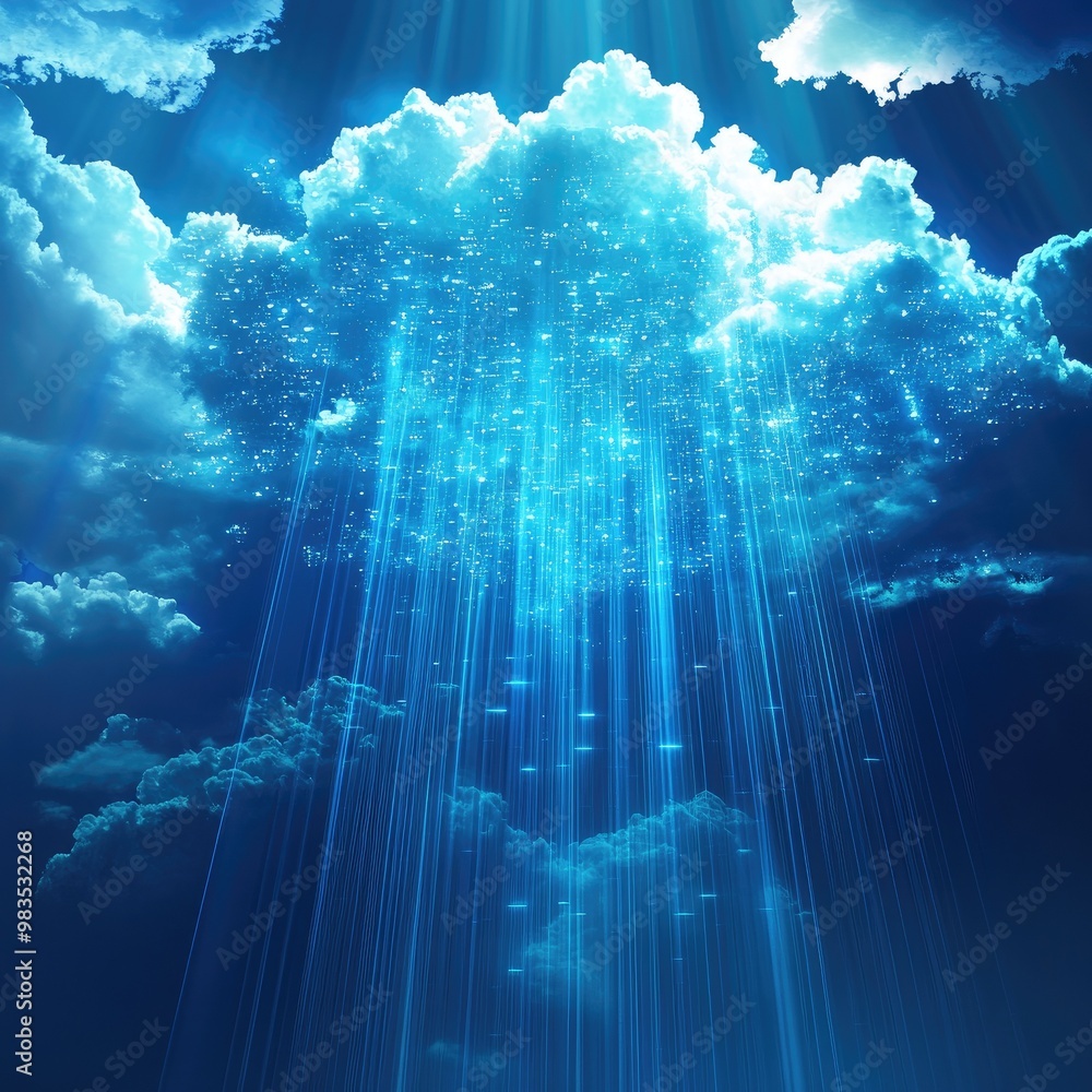 Poster a serene cloudscape with radiant light rays and shimmering droplets, creating a tranquil atmosphere 