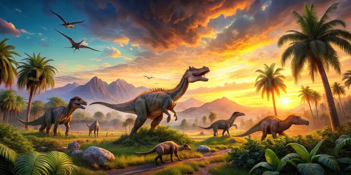 Fototapeta Prehistoric dinosaurs in lush landscape with vibrant sunset backdrop for stock photo