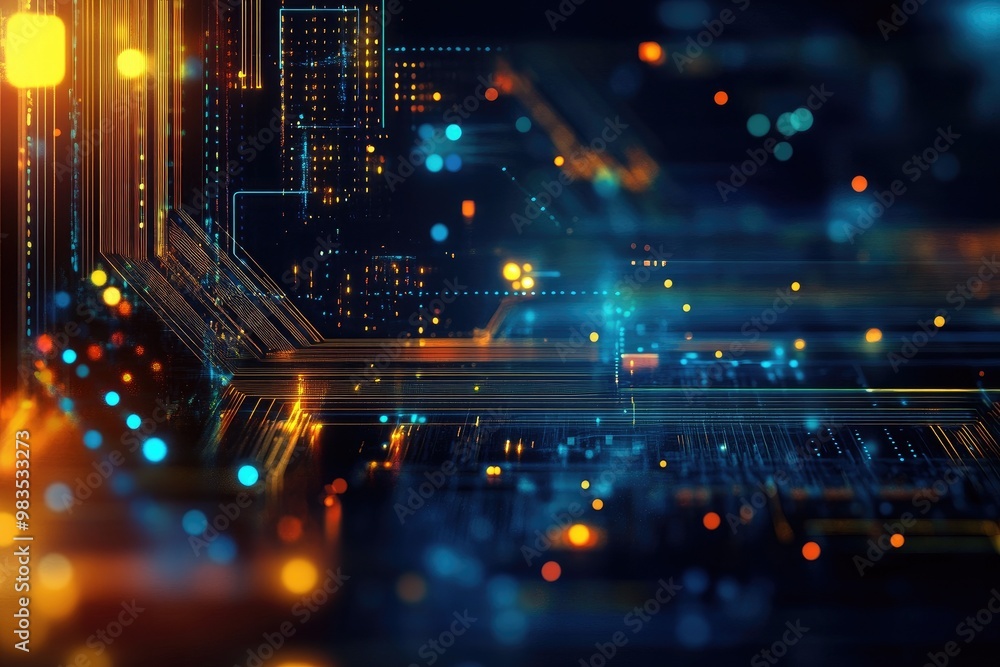 Poster vibrant abstract background with glowing lines and dots, representing technology and digital innovat