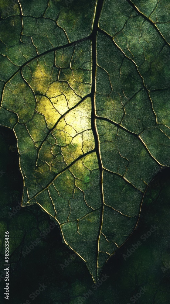 Poster a close-up of a green leaf showcasing its intricate veins and gentle light filtering through, creati