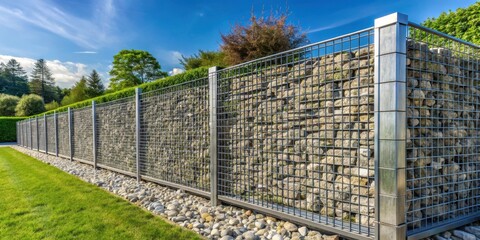 Fototapeta premium Modern gabion wire mesh stone fencing with support posts for landscaping design