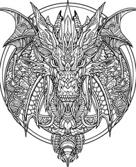Intricate Mandala Dragon Line Art Illustration on White Background