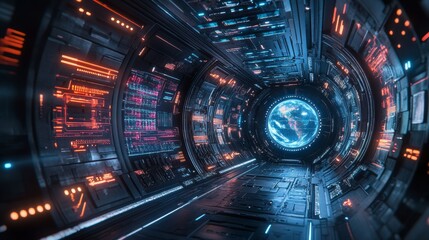 A futuristic 360-degree virtual reality room with holographic landscapes projected on all walls, glowing neon colors, and an interactive AI interface. [Futuristic, Neon, 3D rendering]