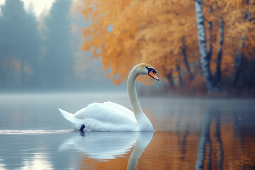 Fototapeta premium Elegant Swan on a Misty Lake in Autumn