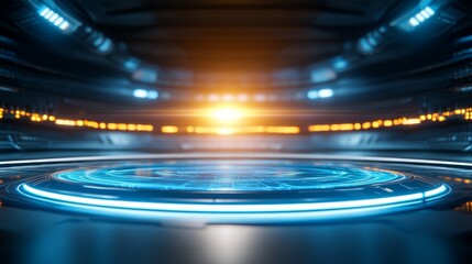 A futuristic circular command center with glowing holographic interfaces, neon blue lighting, sleek metallic surfaces, cyberpunk aesthetic, 3D render, cinematic lighting