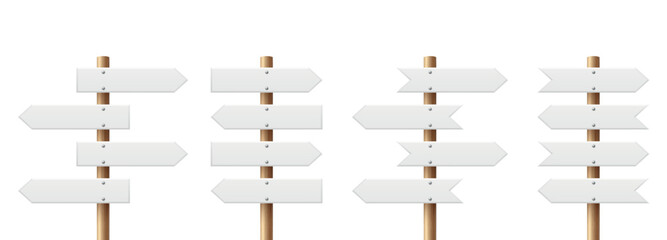Realistic Sign Post Set. Realistic Blank Road Signboard. Plywood Pointer, Timber, Directional Sign Design Template, Front View. Vector Illustration in 3D Style