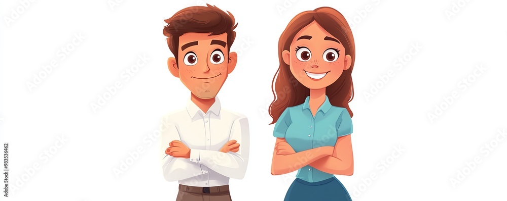 Wall mural Happy and friendly office worker man and woman, vector illustration, front view standing, smiling boy and girl cartoon characters, white background