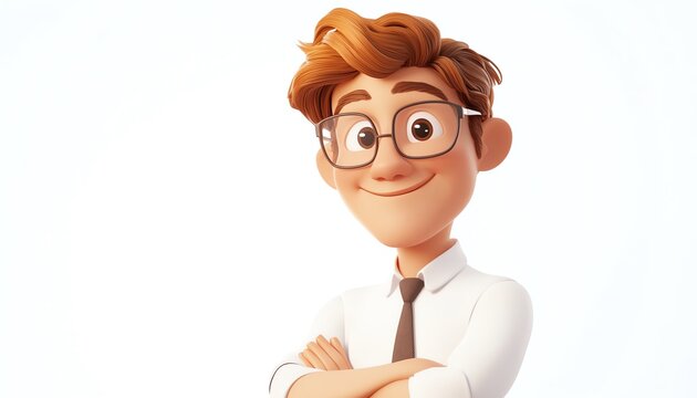 Happy smiling cartoon office worker man, standing, 3D style, white background, business employee concept