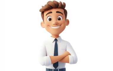 Smiling business office worker man, cartoon style, standing with a happy expression, 3D design, white background