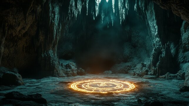 A glowing circle of ancient runes in a darkened cave, summoning ghostly spirits, illuminating the cavern with a soft, otherworldly light