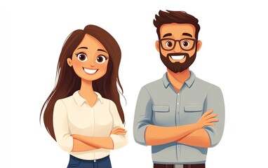Vector illustration of a friendly office worker man and woman, happy and smiling, front view standing, cartoon characters, white background