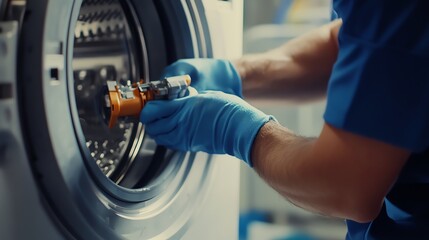 A man in a blue jumpsuit and gloves fixes a washing machine.