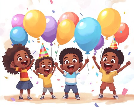 2D cartoon of Black children at a birthday party, colorful balloons, excited expressions, joyful interactions, party hats, festive mood
