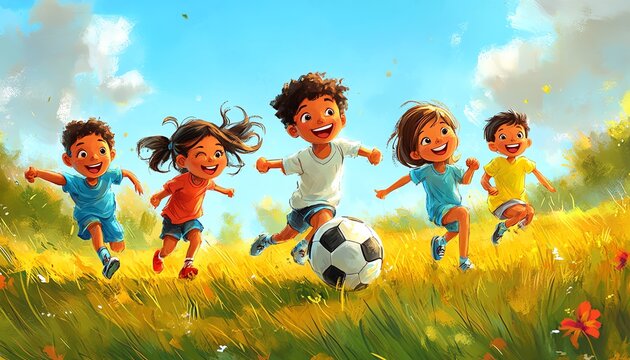 2D cartoon of Latino children playing soccer in a field, sunny day, vivid hues, energetic motion, happy and inclusive, whimsical drawing style