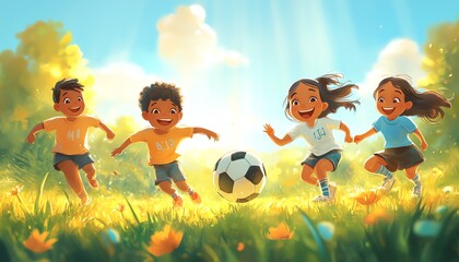 2D cartoon of Latino children playing soccer in a field, sunny day, vivid hues, energetic motion, happy and inclusive, whimsical drawing style