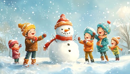 2D cartoon of White children building a snowman, winter setting, joyful expressions, scarves, playful snowball fight, pastel colors, funfilled scene