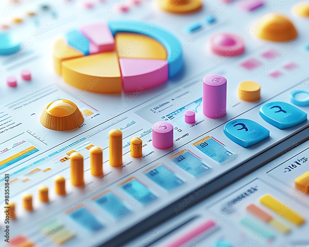 Poster 3d infographic with statistical data, pie charts, bar graphs, modern style, colorful design, clean a