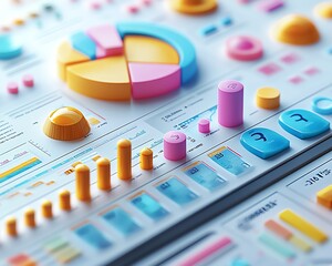 3D infographic with statistical data, pie charts, bar graphs, modern style, colorful design, clean and professional layout