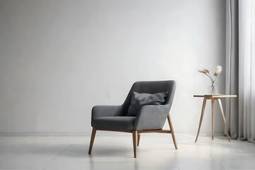 Fototapeta premium Modern minimalist interior with an armchair. Neutral Tones in Minimalist Living Room
