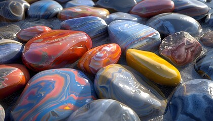 Colorful stones on beach.
