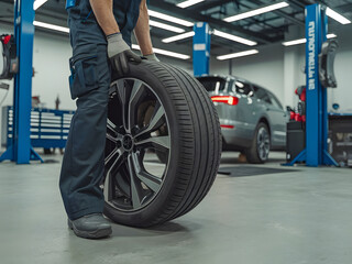 Obraz premium Un técnico en un garaje moderno sosteniendo un neumático de automóvil moderno 