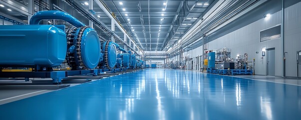 Fototapeta premium Commercial image of resin injection factory with blue and white piping for plastic pallet production, clean environment, realistic industrial design