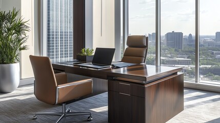 Fototapeta premium A modern office with a city view at dusk, with a desk, laptop, and a brown leather chair.