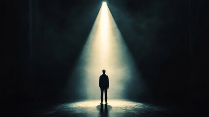 A person standing in a spotlight, surrounded by darkness, where the contrast between light and shadow highlights their presence.