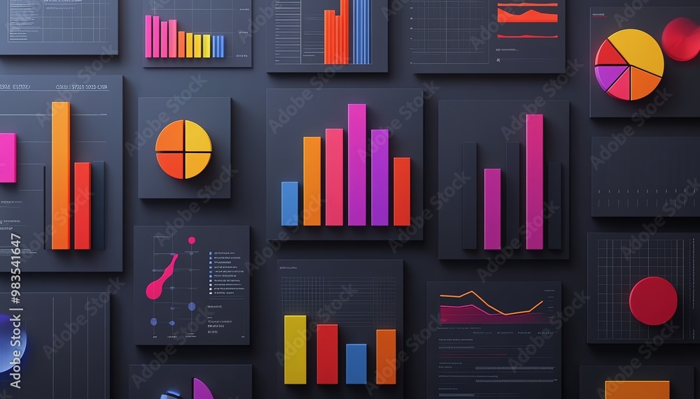 Poster statistical data visualization, professional design, bar graphs, pie charts, line graphs, vibrant co