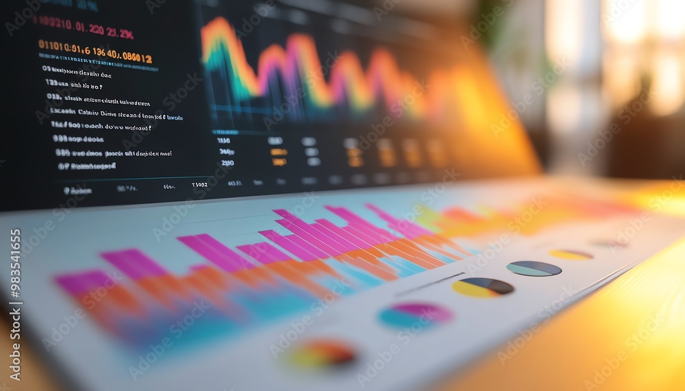 Poster statistical data visualization, professional design, bar graphs, pie charts, line graphs, vibrant co