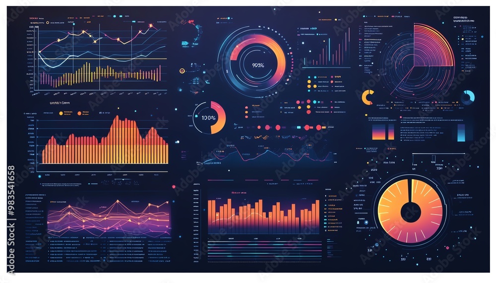 Poster statistical data visualization, professional design, bar graphs, pie charts, line graphs, vibrant co