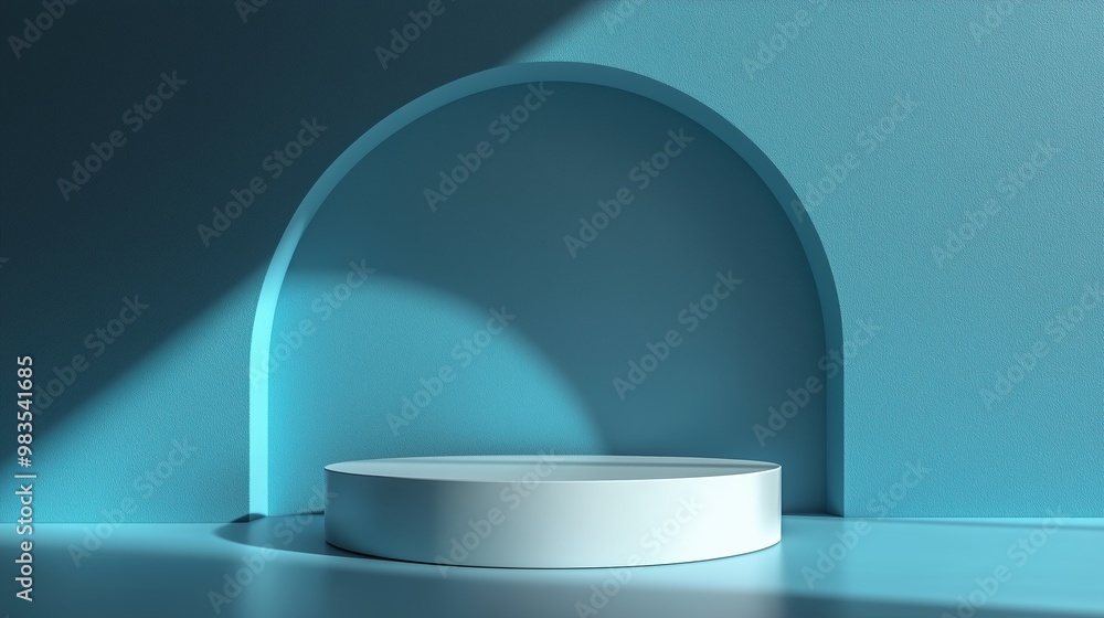 Poster minimalist blue backdrop with a circular pedestal in an artistic display setting indoors during dayt