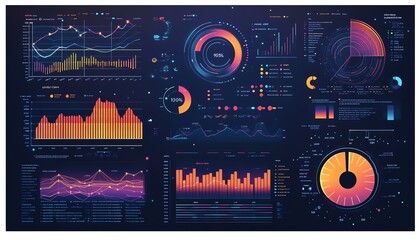 Statistical data visualization, professional design, bar graphs, pie charts, line graphs, vibrant colors, clean and minimalistic layout